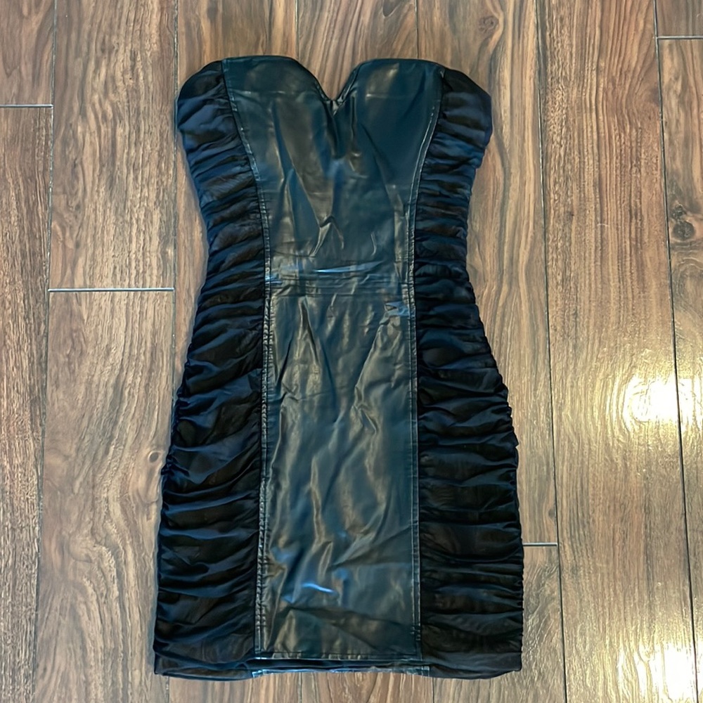 Black BEBE dress vegan leather strapless